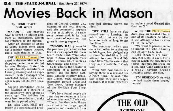 Mason Twin Cinema (Plaza Cinema 1 and 2) - 1974 Article On Opening (newer photo)